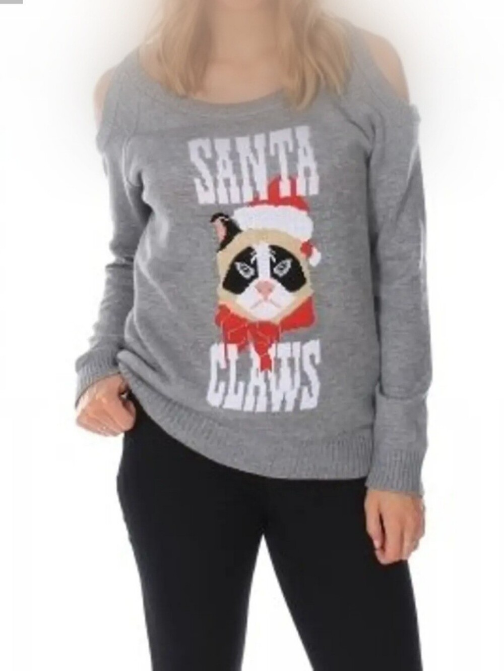 Tipsy Elves Gray Cold-Shoulder 'Santa Claws' Ugly Christmas Grumpy Cat Sweater